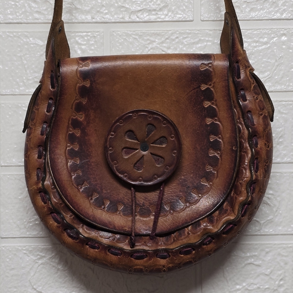1970 Vintage Brown And Burgandy Leather Boho Saddle Bag With Tool Work